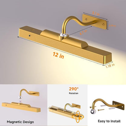 Gallery Picture Light for Wall, 4400mAh Brass Cordless Wireless LED Wall Sconce,Rechargeable Remote Dimmable Lighting for Modern Hallway Living Room Wall Decor(12 in, 2 Pack)