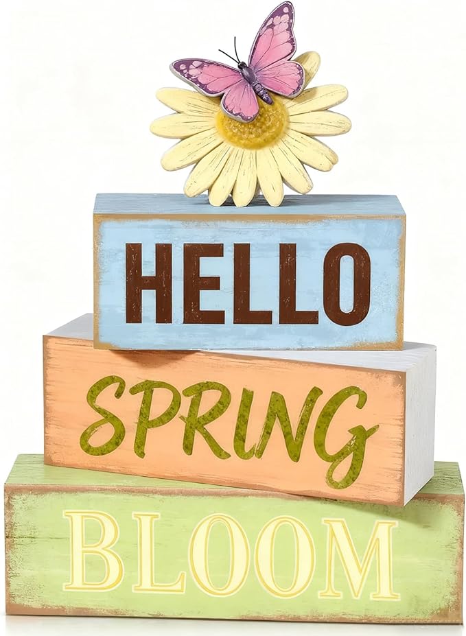 Spring Decoration Wooden Tiered Tray Decor – Rustic Hello Spring Bloom Stacked Block Sign with Butterfly Daisy Topper – Farmhouse Tabletop Spring Decor for Living Room Shelf Kitchen Coffee Bar Seasonal Home Display