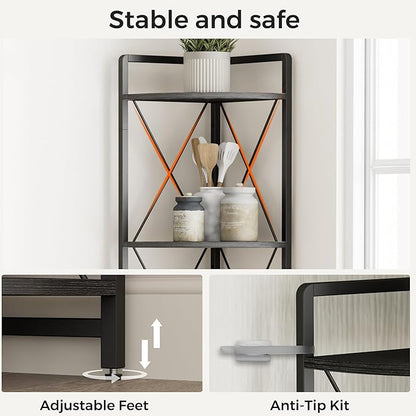 5 Tier Corner Shelf Stand, 64" H Tall Industrial Corner Bookshelf for Living Room Decor, Metal Corner Shelf, Plant Stand Display Shelf for Bedroom, Bathroom, Small Space, Black