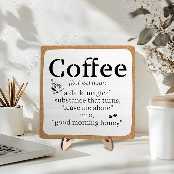 Funny Coffee Bar Decor – Rustic Wooden Sign for Coffee Station or Shelf, CoffeeShop Plaque, Funny Java Bar Decor for Home Cafe or Kitchen Counter 5.9x5.9inch