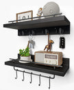 Wood Floating Shelves with Metal Hooks, Wall Mounted Coat Rack with Shelf Set of 2, Bathroom Wall Shelf with Removable Towel Bar, Hanging Shelves with 9 Hooks for Kitchen Entryway Coffee Bar, Black