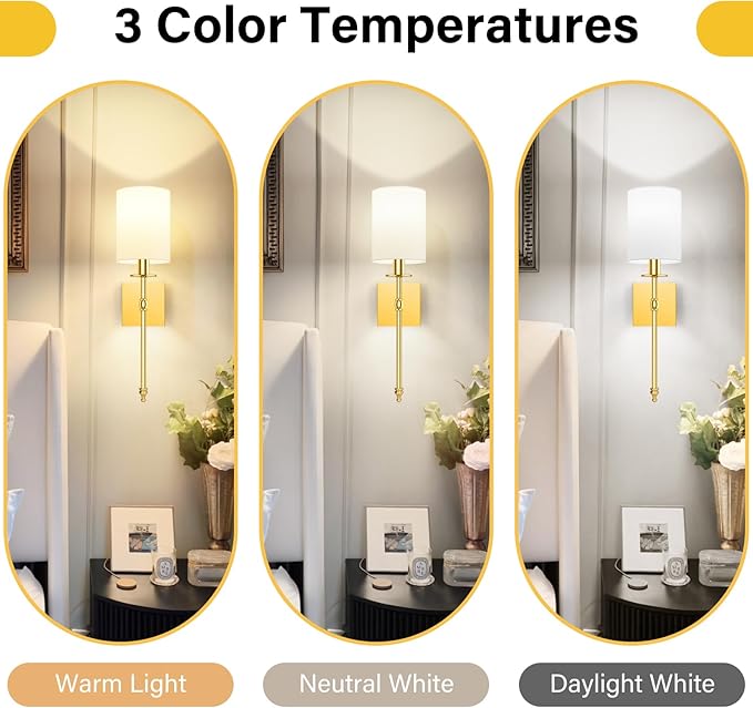 19.9 Inch Wall Sconces Battery Operated Set of 2, Gold Rechargeable Wireless Wall Sconces Lights with Remote, Not Hardwired Dimmable Wall Lamps with White Fabric Shade for Bedroom, 2 Bulbs Included