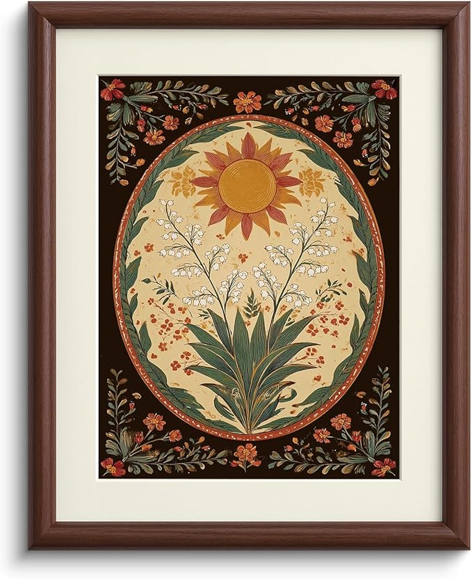 InSimSea Brown Framed Sun flower Lily Wall Art, Vintage Farmhouse cottage Bohemian floral Painting decor for Living Dining Room Hallway Shelf,11x14in, with Acrylic Panel, Canvas Prints Picture