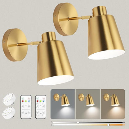Gold Wireless Battery Operated Wall Sconces, Industrial Cordless Battery Powered Led Wall Lights Set of 2, Vintage Wall Lamp Fixture Indoor with Remote Control for Bedroom, Bathroom, Hallway