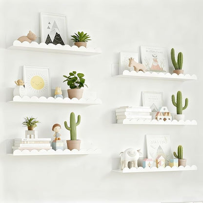Nursery Book Shelves Set of 6, White Metal Floating Shelves for Wall, 16 Inch Scalloped Book Shelf for Kids Room, Bathroom, Bedroom, Playroom Wall Decor & Storage
