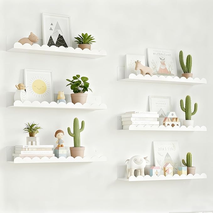 Nursery Book Shelves Set of 6, White Metal Floating Shelves for Wall, 16 Inch Scalloped Book Shelf for Kids Room, Bathroom, Bedroom, Playroom Wall Decor & Storage