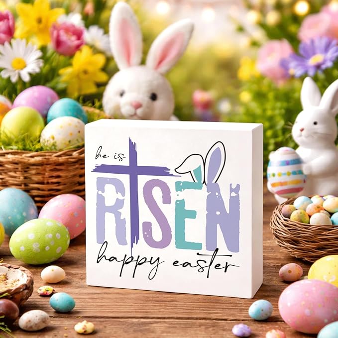 Christian Easter Decor He Is Risen Wooden Sign, Religious Cross Bunny Happy Easter Design, Easters Front Door Decorations for Home, Farmhouse Wall Hanging Spring Decor