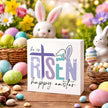 Christian Easter Decor He Is Risen Wooden Sign, Religious Cross Bunny Happy Easter Design, Easters Front Door Decorations for Home, Farmhouse Wall Hanging Spring Decor