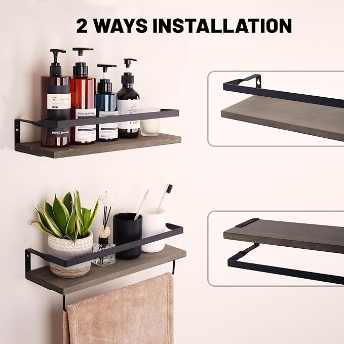 Elevon Floating Shelves for Bathroom Organizer Over Toilet, Bathroom Shelves Wall Mounted with Towel Rack, Corner Wall Shelf for Bedroom Decor Kitchen Storage (Gray, Set of 2)