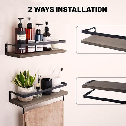 Elevon Floating Shelves for Bathroom Organizer Over Toilet, Bathroom Shelves Wall Mounted with Towel Rack, Corner Wall Shelf for Bedroom Decor Kitchen Storage (Gray, Set of 2)