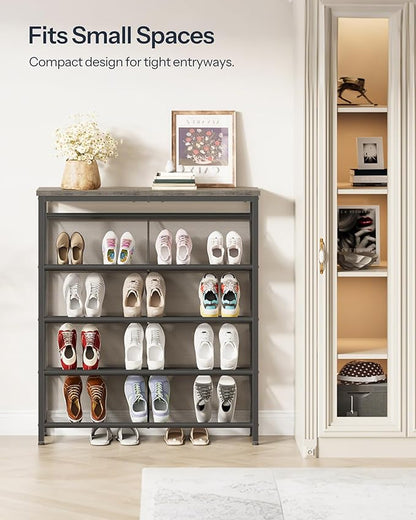 Shoe Rack, 5-Tier Slanted Shoe Storage Shelf, Narrow Shoe Rack for Entryway, Shoe Organizer with Adjustable Feet, Slim Shoe Shelf with Wooden Top and Metal Frame, Greige and Black TXJ02BG