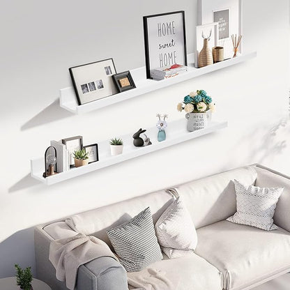 Muzilife 45.3" Large Floating Wall Ledge Shelves with Lip - Set of 2 Wood Floating Shelves - White Wall Mounted Picture Ledge for Office, Bathroom, Bedroom, Living Room, Kitchen