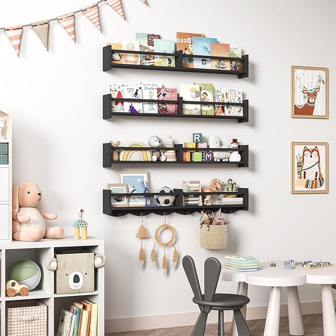 34Inch Nursery Bookshelves,Set of 4,Wall Floating Shelf Kids Coat Rack with 6Hooks,Hanging Book Shelf for Baby Nursery Room Décor ，Patent Number: 29958098(Black, 34)