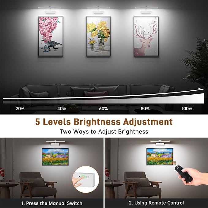 Picture Light, 15.35inch Wireless Picture Lights for Wall Rechargeable, 5400mAh Battery Wall Light with Remote, 3 Color Art Lighting for Paintings with Timer and Dimmable for Display, Gallery (White)