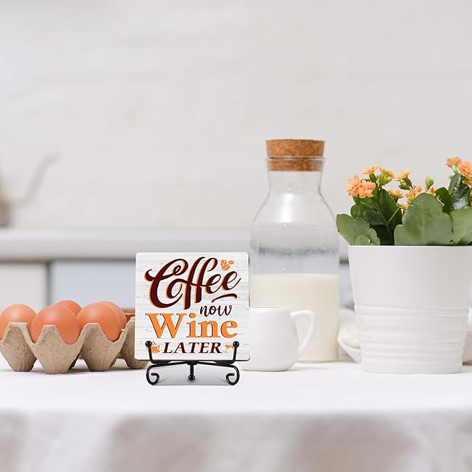Coffee Bar Decor, Farmhouse Kitchen Table Decor, Coffee and Wine Bar Sign, Wooden Decorative Sign with Iron Stand for Table Desk Shelf Display-E26