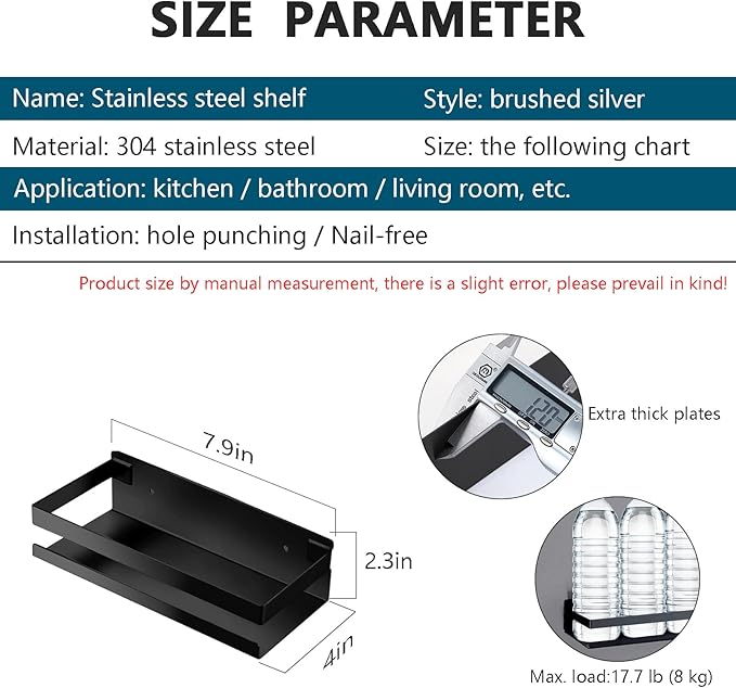 Rustproof Metal Storage Floating Shelves Wall Mounted Rectangular Shelf for Bedroom,Bathroom, Living Room, Kitchen, and Laundry Room,Nail-Free Wall-Mounted Shelves（7.9 Inch Black）