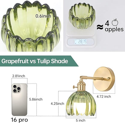 Vintage Battery Operated Wall Sconce with Green Tulip Glass Lampshade Rechargeable Battery Powered Wall Light with Remote Control for Bedside Bedroom Doorway