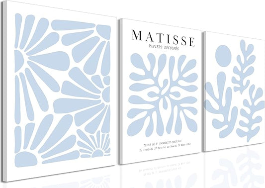 Matisse Flower Wall Art Abstract Minimalist Light Blue Henri Matisse Canvas Posters Prints Aesthetic Pictures Wall Decor Gallery Home Decoration for Bedroom Living Room Framed 12x16 inch