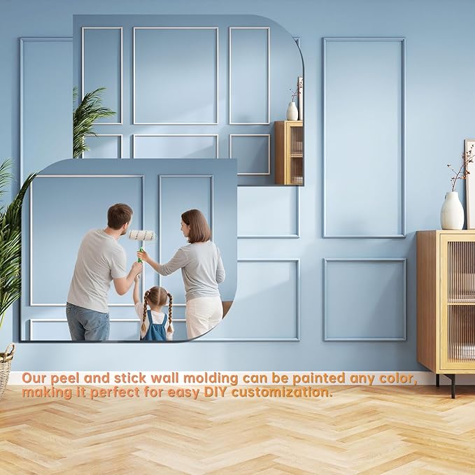 Premade Peel and Stick Wall Molding Kit, Set of 6 Pcs (3 Top & 3 Bottom) Self Adhesive Accent Wainscoting Panels for Interior Wall Moulding Decor, Ready to Assemble Moulding Trim(Style1– 54 x 23 in)