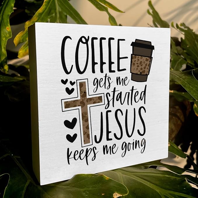 Christian Coffee Decor Wood Sign, Farmhouse Kitchen Wall Art with Inspirational Quote, Religious Rustic Wood Box for Coffee Bar, Shelf, Desktop