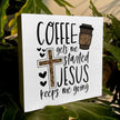 Christian Coffee Decor Wood Sign, Farmhouse Kitchen Wall Art with Inspirational Quote, Religious Rustic Wood Box for Coffee Bar, Shelf, Desktop