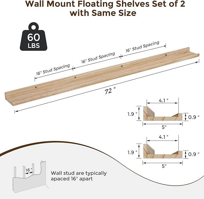 RICHFOCUS Floating Shelves for Wall, 72 inch Solid Wood Picture Ledge Shelf for Wall Storage, Nursery Book Shelves with Lip for Living Room Bathroom Bedroom Kitchen, Set of 2, Carbonized Black