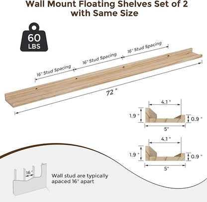 RICHFOCUS Floating Shelves for Wall, 72 inch Solid Wood Picture Ledge Shelf for Wall Storage, Nursery Book Shelves with Lip for Living Room Bathroom Bedroom Kitchen, Set of 2, Carbonized Black