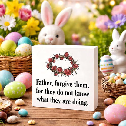 Christian Easter Decor Wooden Bible Verse Sign Father Forgive Them, Religious Crown of Thorns Design, Rustic Farmhouse Wall Desk Shelf Decoration