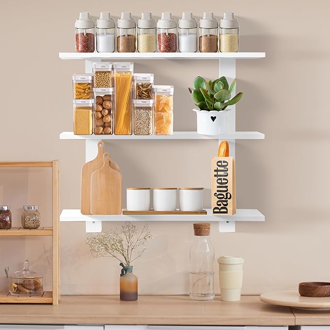 3 Tier Floating Shelves,Long Wall Shelf,Over The Toilet Shelves Bathroom Hanging Display Storage Rustic for Living Room Bedroom Kitchen Office Coffee Bar Decor Decorative,24 Inch,2 Pack,(White)