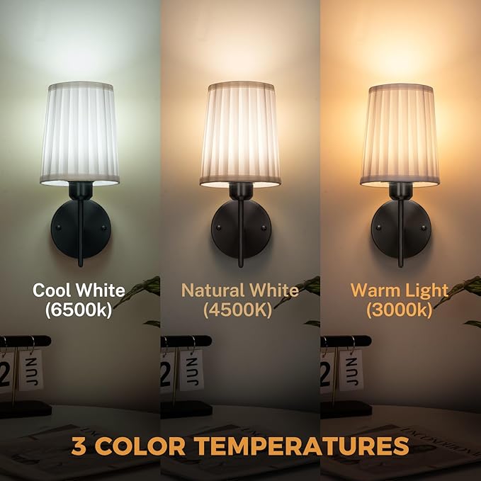 Battery Operated Wall Sconce Set of 2, Rechargeable Wall Sconces with 10000mAh Dimming Magnetic Bulb, Wireless Battery Powered Wall Lights with Pleated for Bedroom Living Room Gallery Hallway,Black