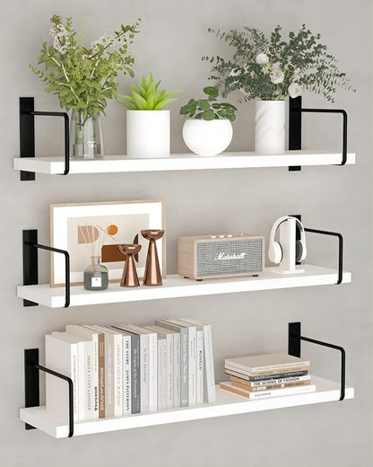 Floating Shelves - 24 Inch Wall Mounted Set of 3, Rustic Wood Shelves for Living Room Storage and Wall Decor (White)