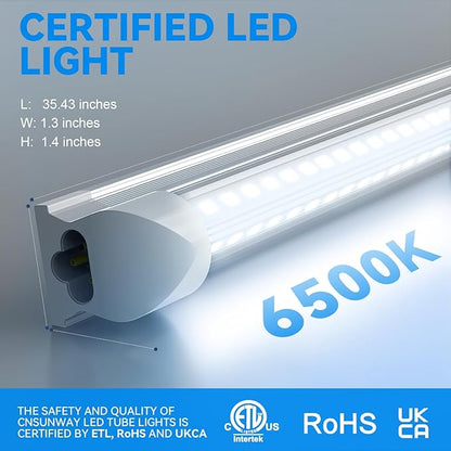 CNSUNWAY LED Shop Light 3FT, 30W 6500K Cool White, T8 LED Tube Lights, 4000LM V-Shape Ceiling Shop Lights, Linkable Under Counter Light for Kitchen, Garage, Workbench, Basement, ETL Listed (2 Pack)