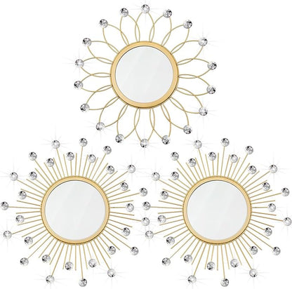 3 Pack Metal Mirrors for Wall Sunburst Wall Mirrors Home Décor Decorative Hanging Wall Art for Living Room Bedroom Entryway (Gold Crystal, Flower+Sunburst)