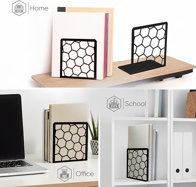 GEOMOD Geometric Honeycomb Black Metal Bookends Decorative - Tall Sturdy Book Ends for Shelves - Modern Heavy Duty Bookend Stopper - Office or Home Book Shelf Book Holder - 6x3.25x6.25 Inches - 2 Pair