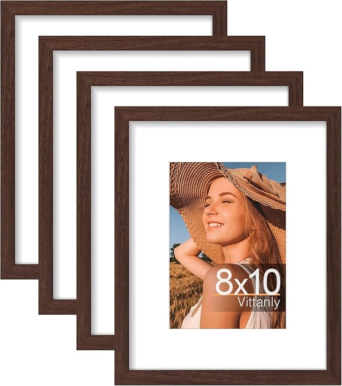 Vittanly 8x10 Picture Frame Set of 4, Display Pictures 5x7 with Mat or 8x10 without Mat, Engineered Wood with Shatter Resistant Plexiglass, Wall Gallery Photo Frames for Wall or Tabletop, Brown
