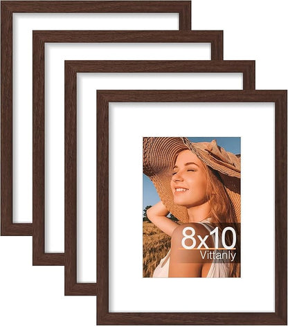 Vittanly 8x10 Picture Frame Set of 4, Display Pictures 5x7 with Mat or 8x10 without Mat, Engineered Wood with Shatter Resistant Plexiglass, Wall Gallery Photo Frames for Wall or Tabletop, Brown