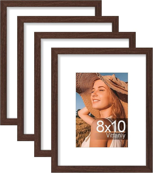Vittanly 8x10 Picture Frame Set of 4, Display Pictures 5x7 with Mat or 8x10 without Mat, Engineered Wood with Shatter Resistant Plexiglass, Wall Gallery Photo Frames for Wall or Tabletop, Brown