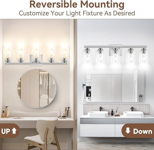 5-Light Bathroom Light Fixtures, 31" Modern Vanity Lights Over Mirror with Clear Glass Shades, Brushed Nickel Light Fixture, Classic Wall Light Fixture for Mirror Living Room Cabinet Bedroom Porch