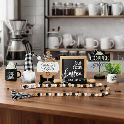 Cute Farmhouse Coffee Bar Decor Set for Tiered Tray, Rustic Black White Coffee Decorations with Gnome, Bead Garland & Rolling Pin, Coffee Bar Accessories for Kitchen Counter