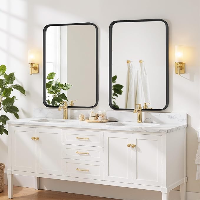 Bathroom Mirror 40x30 Inch Black Metal Frame Rectangle Vanity Mirror with Rounded Corners, Modern Wall Mounted Anti-Rust Mirror for Farmhouse, Restroom, Entryway, Horizontal or Vertical Hanging