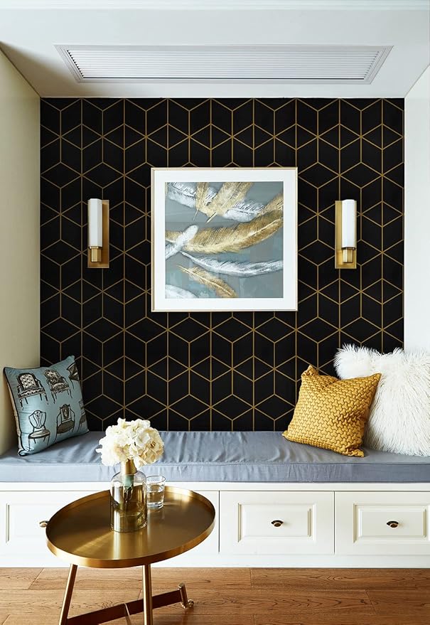 Safiyya 590"x17.3" Black Wallpaper Gold and Black Contact Paper Peel and Stick Geometric Wallpaper Removable Wallpaper for Walls Covering Vinyl Rolls