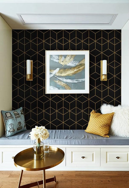 Safiyya 590"x17.3" Black Wallpaper Gold and Black Contact Paper Peel and Stick Geometric Wallpaper Removable Wallpaper for Walls Covering Vinyl Rolls