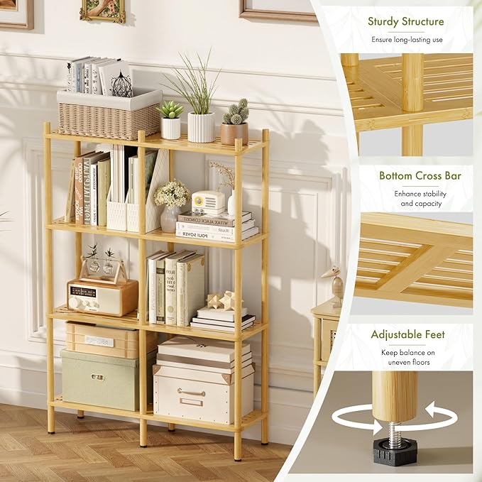Book Shelf, 4 Tier Bamboo Bookshelf, Tall Bookcase with 8 Open Display Shelves Storage Organizer, Adjustable Bookshelves Standing Shelf Units for Bedroom, Living Room, Bathroom, Home Office