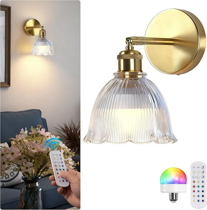 Vintage Battery Operated Wall Sconce with Transparent Ripple Glass Lampshade Rechargeable Battery Powered Wall Light with Remote Control for Bedside Bedroom Bathroom, Set of 1