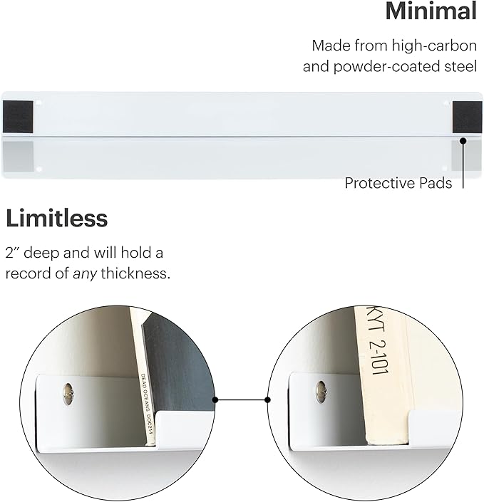 Vinyl Record Shelf - A Metal Display Shelf - Wall Mount Now-Playing Vinyl Shelves - an Album Record Holder That Doubles as a Picture Ledge - Fits All Records (White)