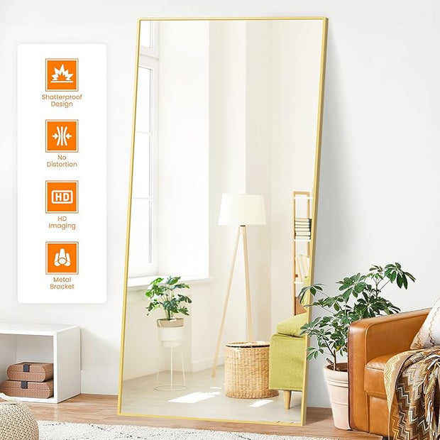 Full Length Mirror, 75"x35" Rectangle Standing Floor Full Body Mirror for Wall with Aluminum Alloy Frame for Bedroom, Living Room, Dressing Room(Gold)