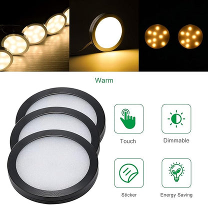 AIBOO Under Cabinet LED Black Cover Puck Lighting Kit with Touch Dimmer Switch for Kitchen Cupboard Closet Lighting (3 Lights,Warm White)