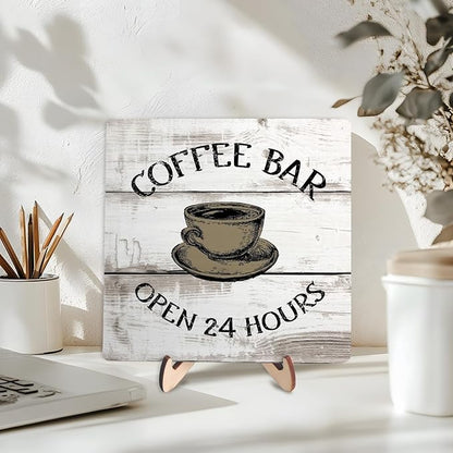 Coffee Bar Sign Plaque, Vintage Farmhouse Coffee Station Decor – 24 Hours Open Bar Plaque for Cafe, Home or Office, Rustic Kitchen Wall Art, CoffeeShop Accessories