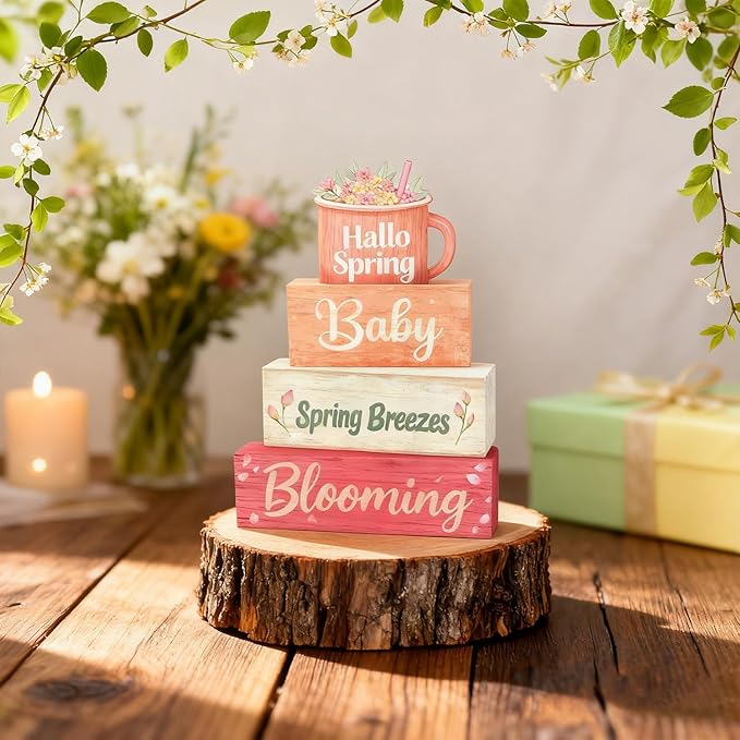Spring Decoration Wooden Tiered Tray Decor – Sweet Spring Mug Stacked Block Sign with Floral Cup Topper – Farmhouse Tabletop Spring Decor for Living Room Shelf Seasonal Home Display