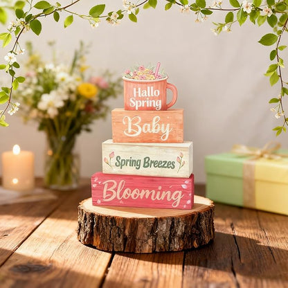 Spring Decoration Wooden Tiered Tray Decor – Sweet Spring Mug Stacked Block Sign with Floral Cup Topper – Farmhouse Tabletop Spring Decor for Living Room Shelf Seasonal Home Display